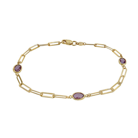 10K Gold 3mm flat paperclip bracelet with 5x7mm amethyst 7.5 inches
