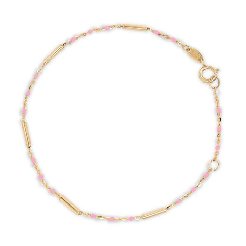 Bracelet Solid Gold 10K  Enamel Bead & Bar Bracelet Pink