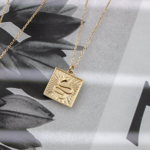 10K Solid Gold Square Snake Medallion Necklace