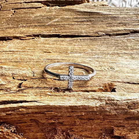 7 Sterling Silver with rhodium sideways Cross ring with Cubic Zirconia 7mm width Minimalistic