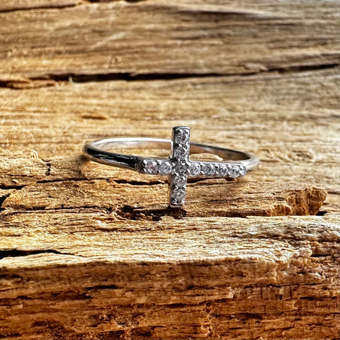 8 Sterling Silver with rhodium sideways Cross ring with Cubic Zirconia 7mm width Minimalistic