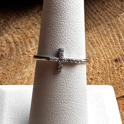 10 Sterling Silver with rhodium sideways Cross ring with Cubic Zirconia 7mm width Minimalistic