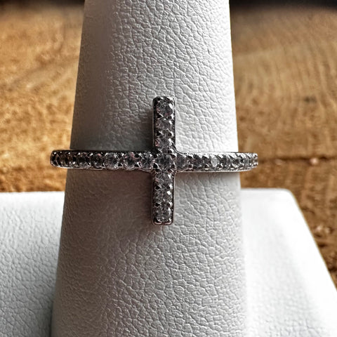 7 Sterling Silver with rhodium sideways Cross ring with cubic zirconia 12mm width