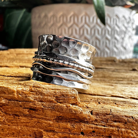 Sterling Silver meditation ring with hammered finish and multi band 14mm width