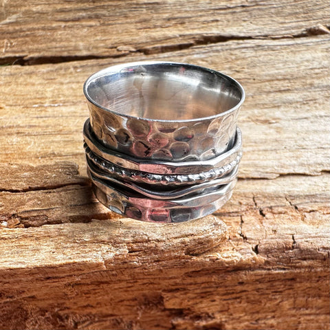 3 Sterling Silver meditation ring with hammered finish and multi band 14mm width