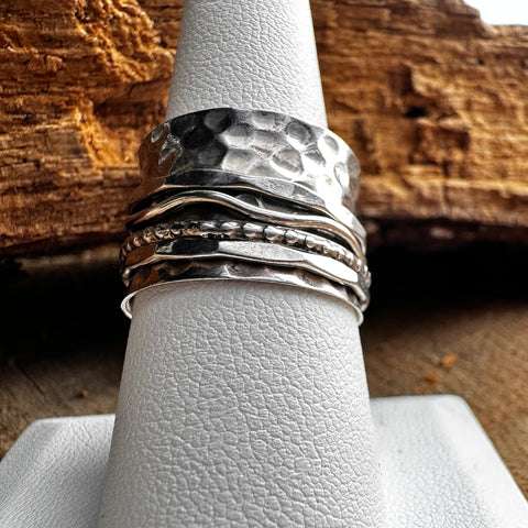 6 Sterling Silver meditation ring with hammered finish and multi band 14mm width