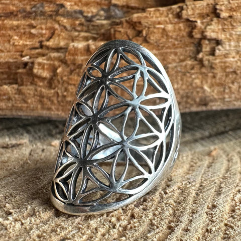 Sterling Silver long ring with Flower of Life design 30mm length.