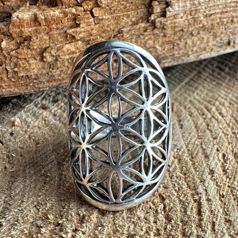 Sterling 3 Silver long ring with Flower of Life design 30mm length