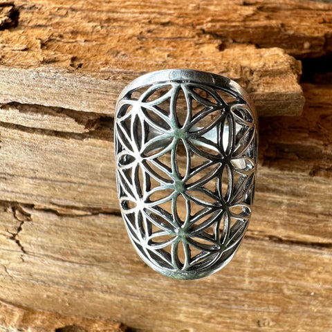 7 Sterling Silver long ring with Flower of Life design 30mm length