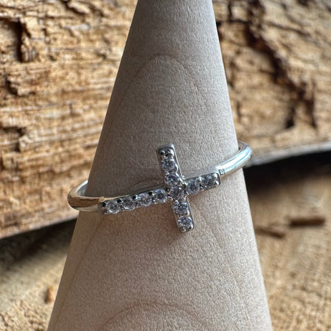 Sterling Silver with rhodium sideways Cross ring with Cubic Zirconia 7mm width Minimalistic