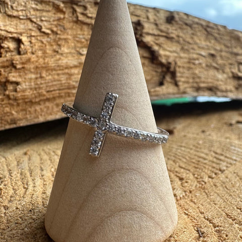 8 Sterling Silver with rhodium sideways Cross ring with cubic zirconia 12mm width