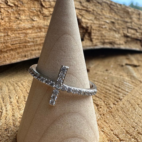 Sterling Silver with rhodium sideways2 Cross ring with cubic zirconia 12mm width