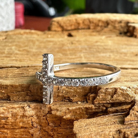 11 Sterling Silver with rhodium sideways Cross ring with cubic zirconia 12mm width