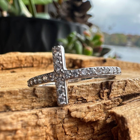 3 Sterling Silver with rhodium sideways Cross ring with cubic zirconia 12mm width