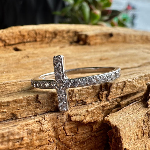 6 Sterling Silver with rhodium sideways Cross ring with cubic zirconia 12mm width