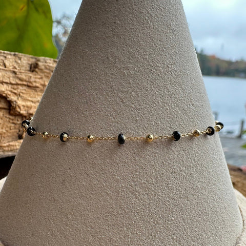 6 Bracelet Solid Gold 10K rolo chain with gold beads black enamel