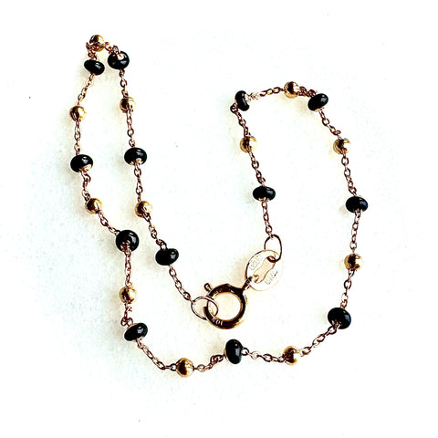 16 Bracelet Solid Gold 10K rolo chain with gold beads black enamel