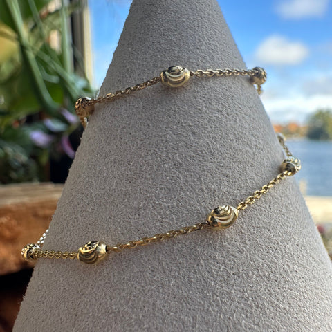 10K Solid Gold SOLARA's Golden Sparkle Anklet 9” long with beads and rolo chain