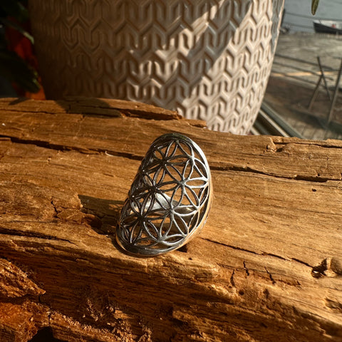 8 Sterling Silver long ring with Flower of Life design 30mm length