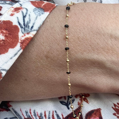 12 Bracelet Solid Gold 10K rolo chain with gold beads black enamel