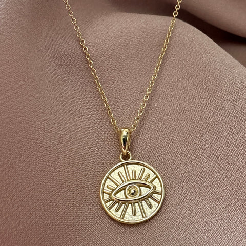 8 Sterling Silver Gold Vermeil Plain Evil Eye Coin Necklace