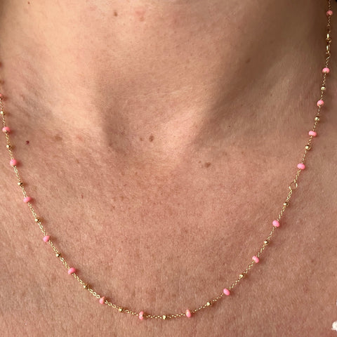  Enamel and Bead Necklace with rolo gold 10K chain pink 9