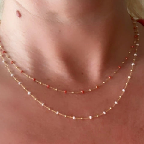  Enamel and Bead Necklace with rolo gold 10K chain red white 11