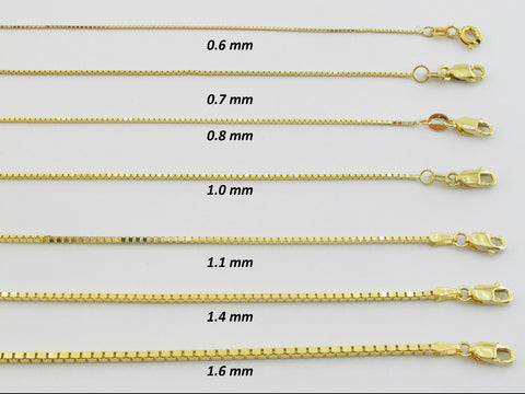 10K Solid Golc Box Chain 0.6mm 0.7mm 0.8mm 1mm 1.1mm 1.4mm 1.6mm 1