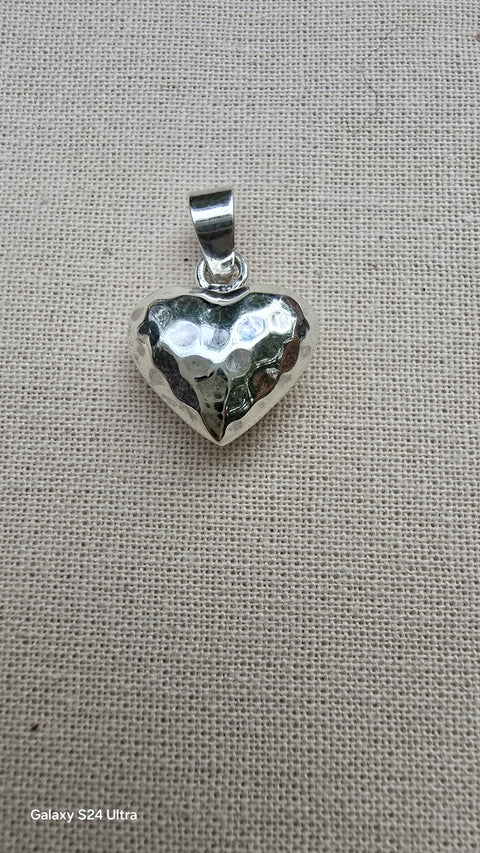 Sterling Silver Hammered style puffy heart Pendant 13mm x 7mm