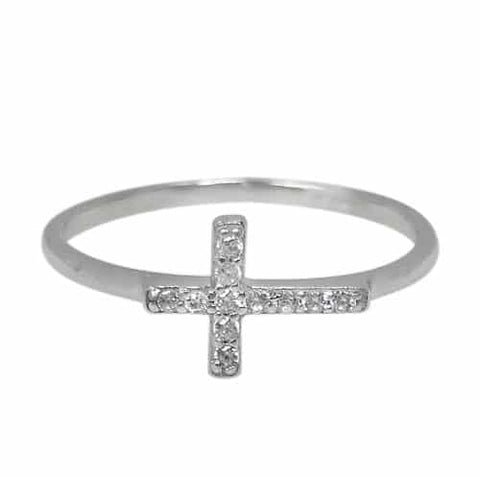 14 Sterling Silver with rhodium sideways Cross ring with Cubic Zirconia 7mm width Minimalistic