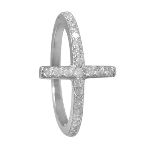 13 Sterling Silver with rhodium sideways Cross ring with cubic zirconia 12mm width