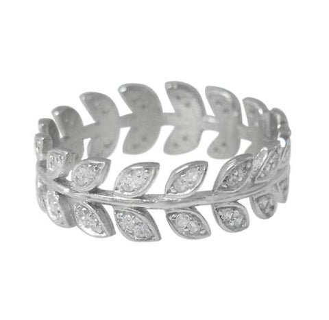 6 Sterling Silver with rhodium Leaf ring with cubic zirconia 6mm width